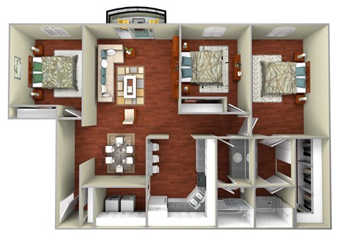 Floor plan for 3 beds, 2 baths, 1300 sqft