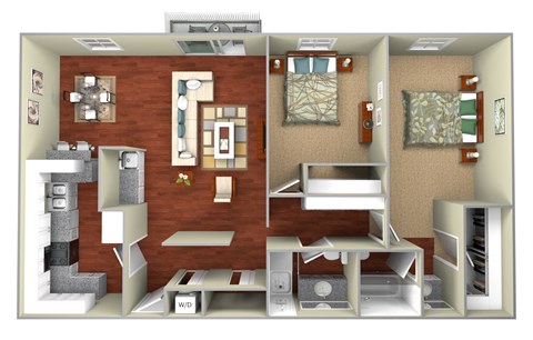 Floor plan for 2 beds, 2 baths, 1345 sqft