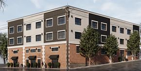 Philadelphia apartment for rent - A modern building with a combination of brick and siding exterior.