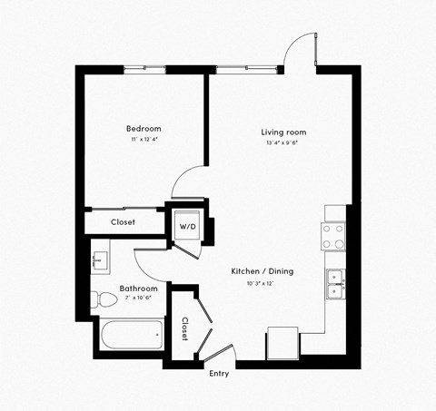 Floor plan for 1 bed, 1 bath, 890 sqft