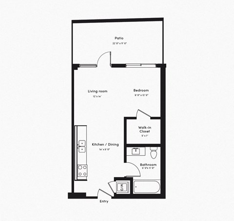 Floor plan for studio, 1 bath, 693 sqft