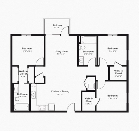 Floor plan for 3 beds, 2 baths, 1438 sqft
