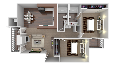 Floor plan for 2 beds, 2 baths, 1045 sqft