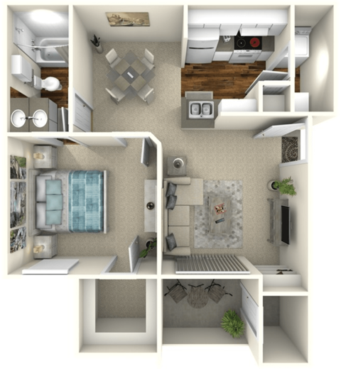 Floor plan for 1 bed, 1 bath, 615 sqft