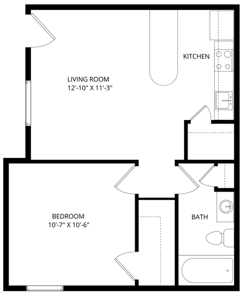 Floor plan for 1 bed, 1 bath, 463 sqft