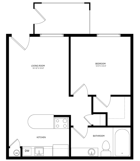 Floor plan for 1 bed, 1 bath, 462 sqft