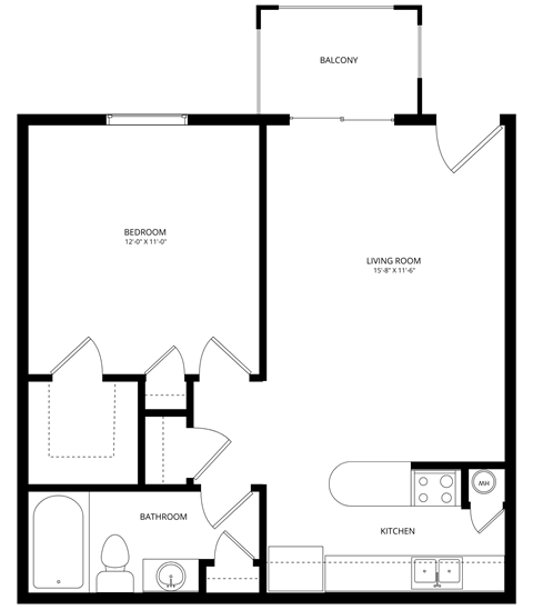 Floor plan for 1 bed, 1 bath, 560 sqft