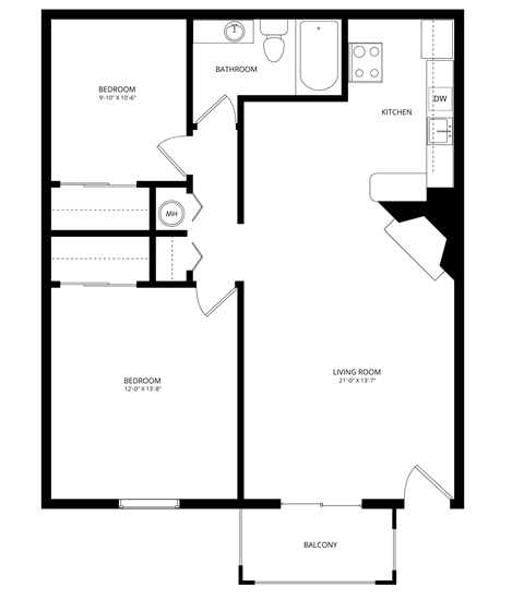 Floor plan for 2 beds, 1 bath, 774 sqft