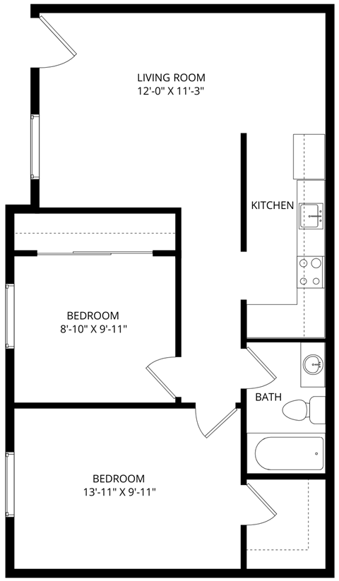Floor plan for 2 beds, 1 bath, 652 sqft