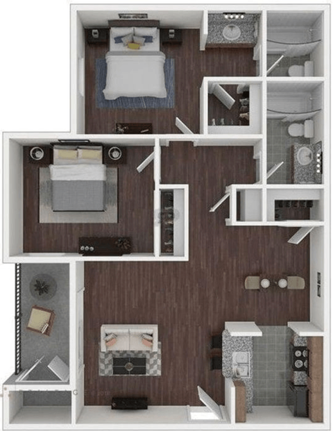 Floor plan for 2 beds, 2 baths, 970 sqft