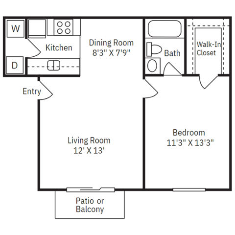 Floor plan for 1 bed, 1 bath, 586 sqft