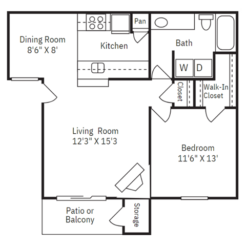 Floor plan for 1 bed, 1 bath, 644 sqft