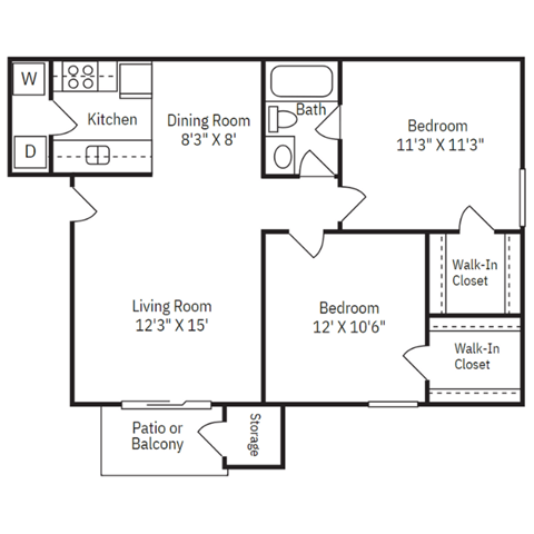 Floor plan for 2 beds, 1 bath, 825 sqft