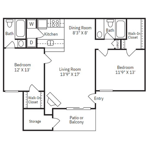 Floor plan for 2 beds, 2 baths, 980 sqft