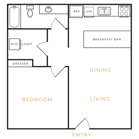 Floor plan for 1 bed, 1 bath, 600 sqft