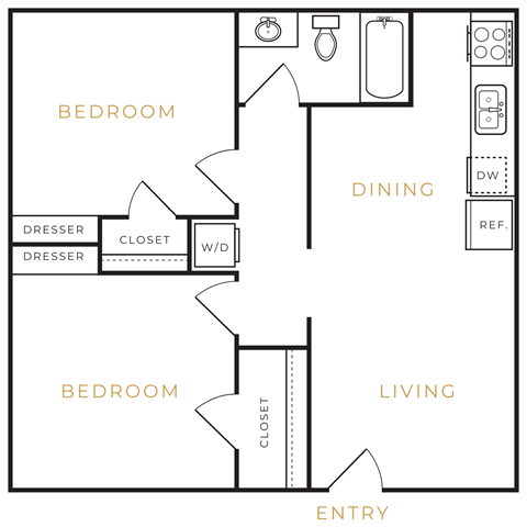Floor plan for 2 beds, 1 bath, 700 sqft
