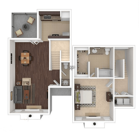 Floor plan for 1 bed, 1.5 baths, 1017 sqft