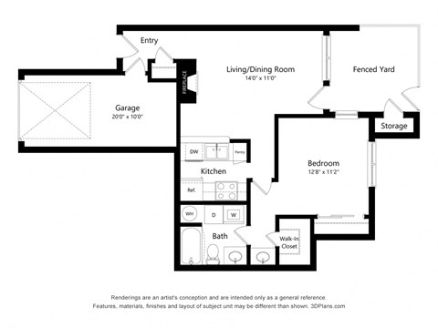 Floor plan for 1 bed, 1 bath, 713 sqft