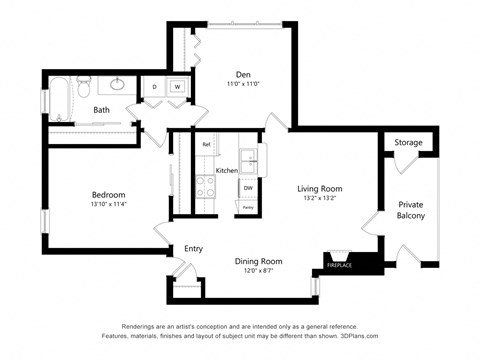 Floor plan for 2 beds, 1 bath, 932 sqft