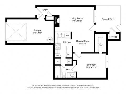 Floor plan for 1 bed, 1 bath, 740 sqft