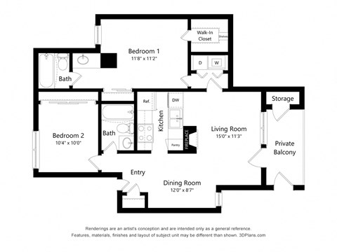 Floor plan for 2 beds, 2 baths, 946 sqft