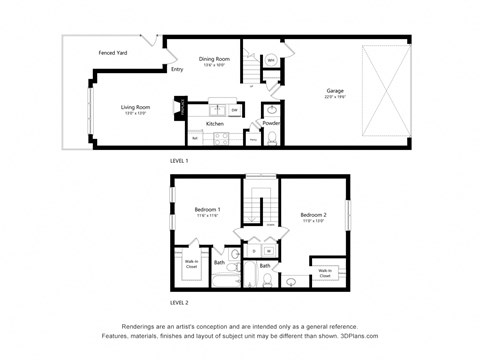 Floor plan for 2 beds, 2.5 baths, 1200 sqft