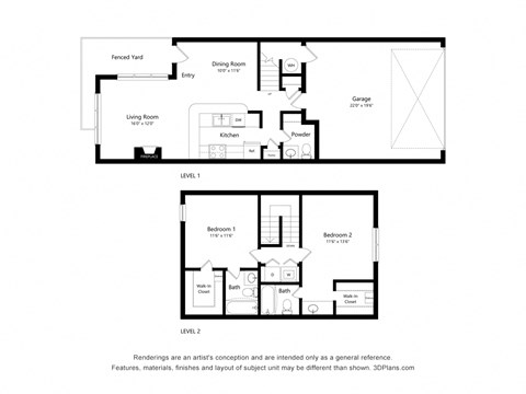 Floor plan for 2 beds, 2.5 baths, 1200 sqft