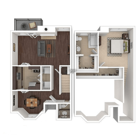 Floor plan for 1 bed, 1.5 baths, 1068 sqft
