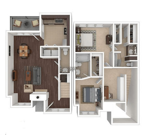 Floor plan for 2 beds, 2.5 baths, 1305 sqft