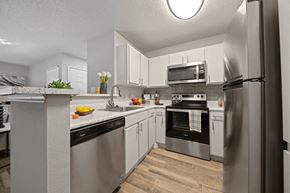 Lewisville apartment for rent - a kitchen with stainless steel appliances and white cabinets