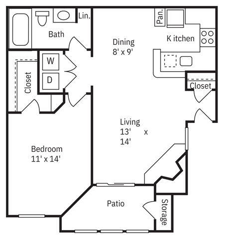 Floor plan for 1 bed, 1 bath, 696 sqft