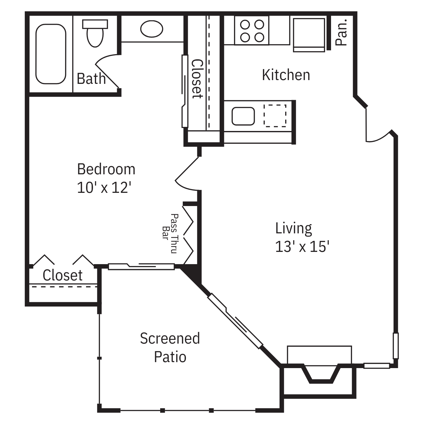 Floor plan for 1 bed, 1 bath, 500 sqft