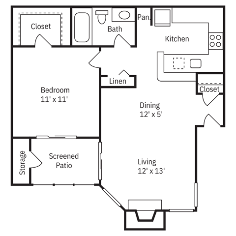 Floor plan for 1 bed, 1 bath, 576 sqft