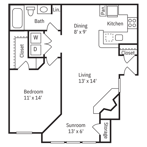 Floor plan for 1 bed, 1 bath, 751 sqft
