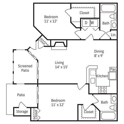 Floor plan for 2 beds, 2 baths, 946 sqft