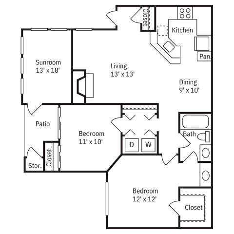 Floor plan for 2 beds, 1 bath, 974 sqft