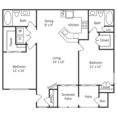 Floor plan for 2 beds, 2 baths, 1024 sqft