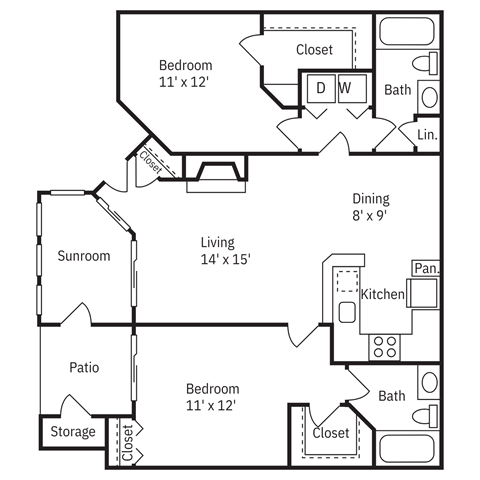 Floor plan for 2 beds, 2 baths, 1026 sqft