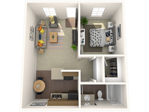 Floor plan for 1 bed, 1 bath, 600 sqft