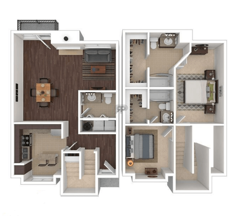 Floor plan for 2 beds, 2.5 baths, 1297 sqft