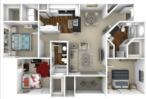 Floor plan for 3 beds, 2 baths, 1185 sqft