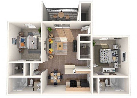 Floor plan for 2 beds, 2 baths, 941 sqft