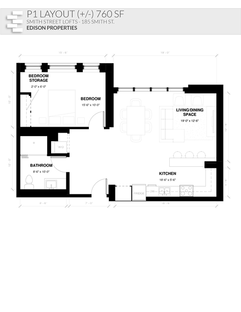 Floor plan for 1 bed, 1 bath, 710 sqft