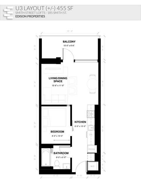 Floor plan for 1 bed, 1 bath, 455 sqft