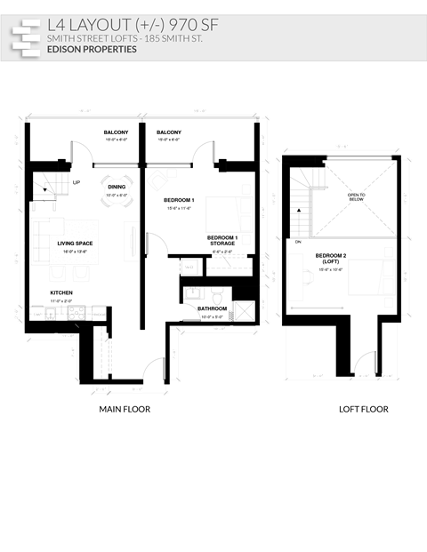 Floor plan for 2 beds, 1 bath, 970 sqft