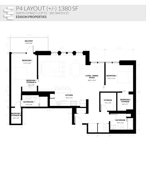Floor plan for 2 beds, 2 baths, 1380 sqft