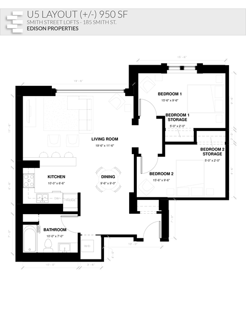 Floor plan for 2 beds, 1 bath, 950 sqft