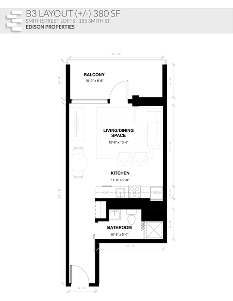 Floor plan for studio, 1 bath, 380 sqft