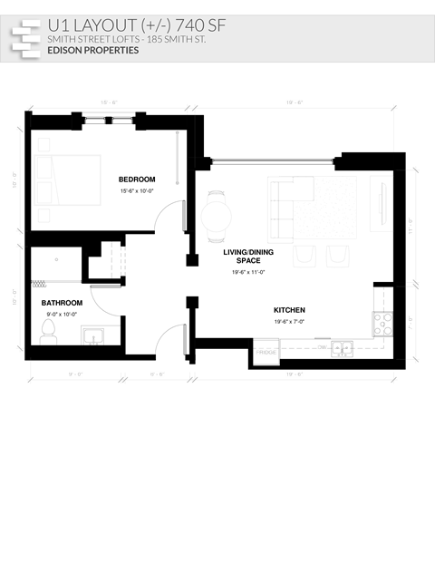 Floor plan for 1 bed, 1 bath, 740 sqft