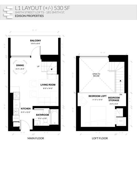 Floor plan for 1 bed, 1 bath, 755 sqft